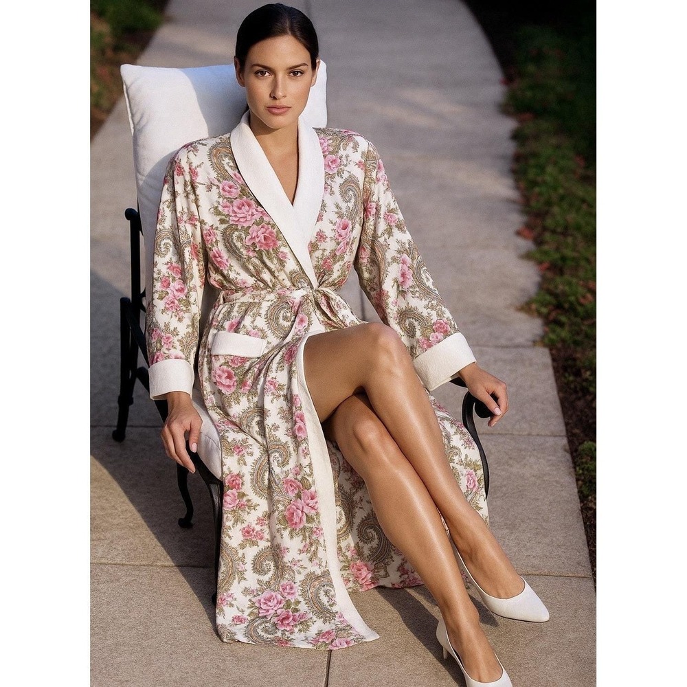 Vtg Victoria's Secret Gold Label Floral Paisley Robe P/S Belted Long Kimono Wrap